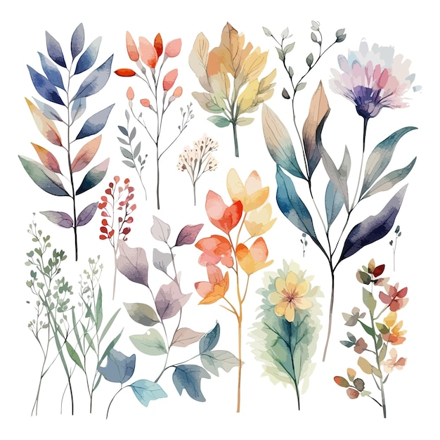 Набор акварельных цветов, листьев и веток на белом фоне