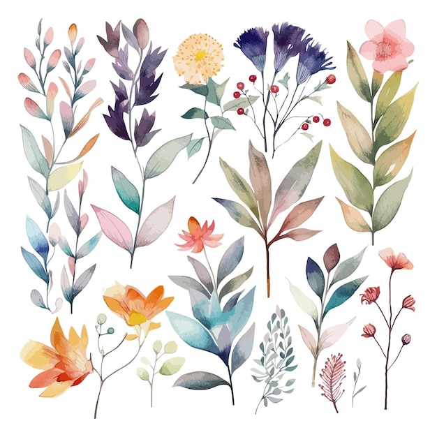 Set of watercolor flowers leaves and twigs on a white background