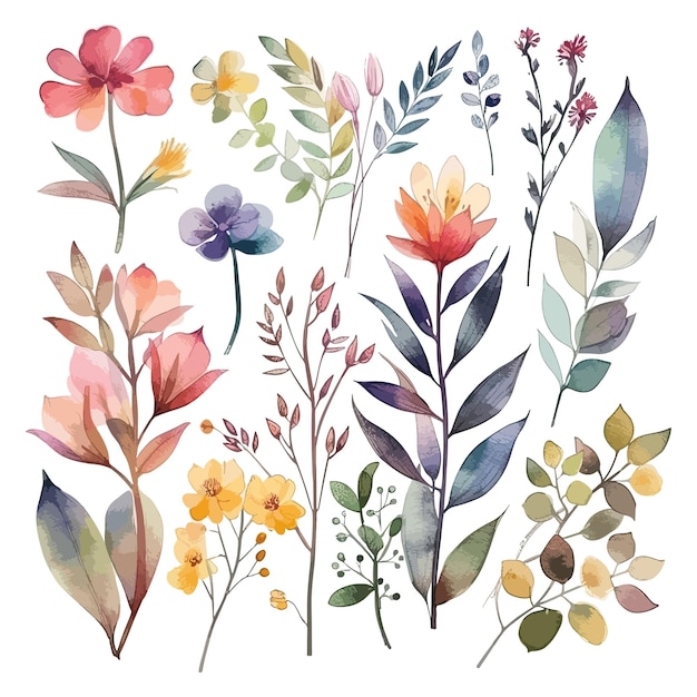 Set of watercolor flowers leaves and twigs on a white background