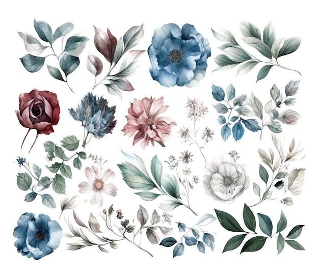 Vector set of watercolor flowers leaves and twigs on a white background