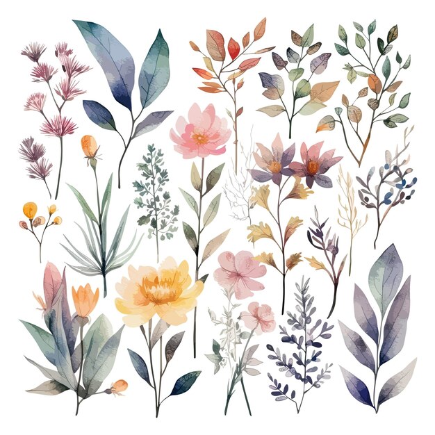 Set of watercolor flowers leaves and twigs on a white background