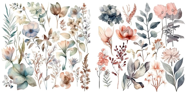 Set of watercolor flowers leaves and twigs on a white background