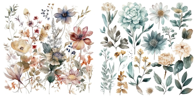 Set of watercolor flowers leaves and twigs on a white background