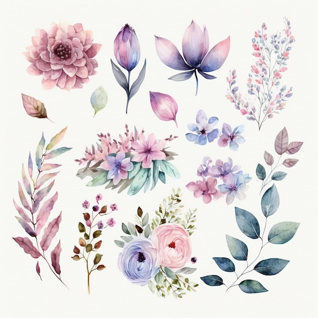 A set of watercolor flowers and leaves