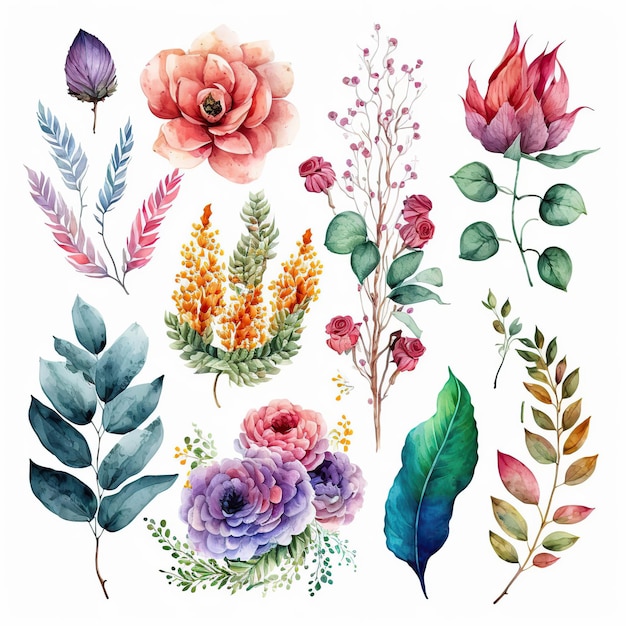 A set of watercolor flowers and leaves.