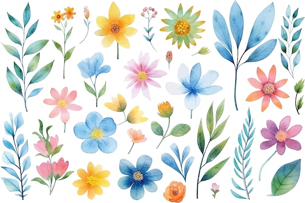 A set of watercolor flowers and leaves