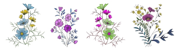 수채화 꽃과 나무 잎의 세트