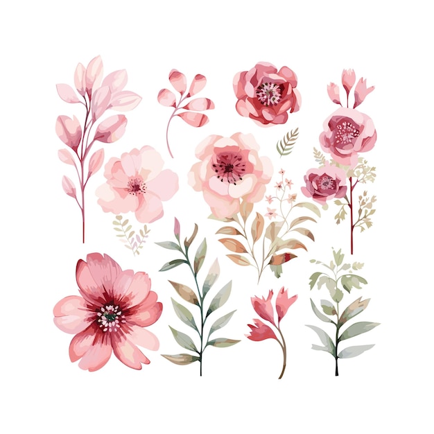 set of watercolor flowers and trees for paper