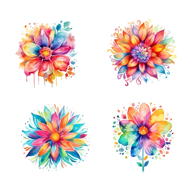 A set of watercolor flowers with a colorful background