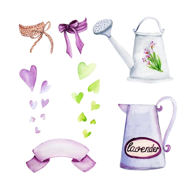 Set of watercolor garden tools ribbon and hearts elements on a white background