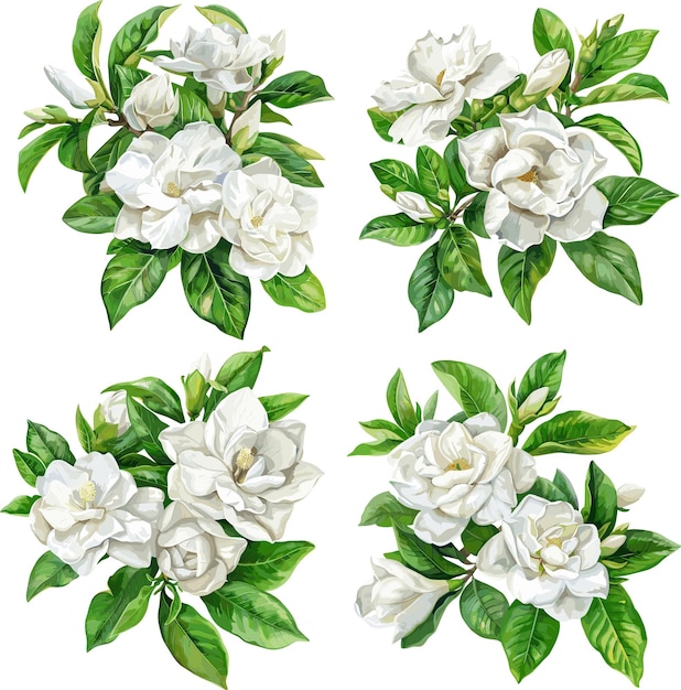 Vettore set di acquerelli di fiori di gardenia isolati su sfondo bianco