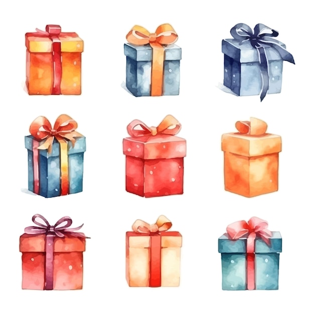 Set di scatole regalo ad acquerello isolate su sfondo bianco