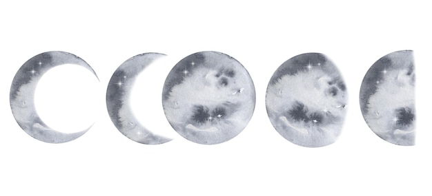 Set of watercolor gray moon planets phases