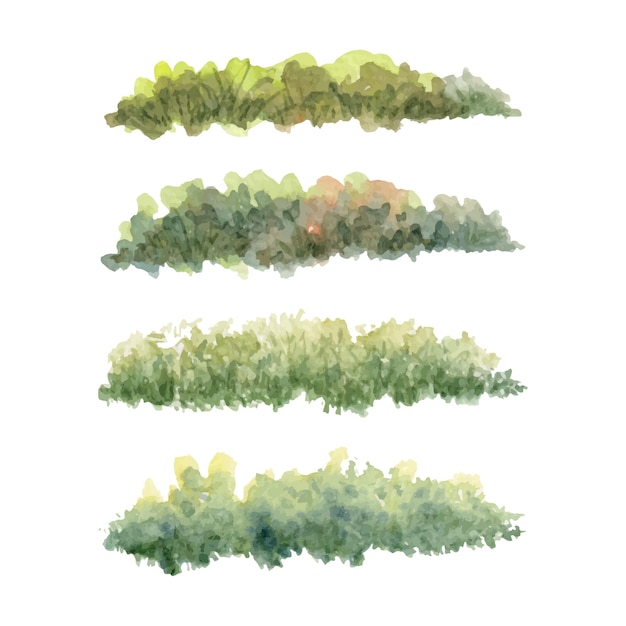 Set of watercolor green grass bushes or garden elements