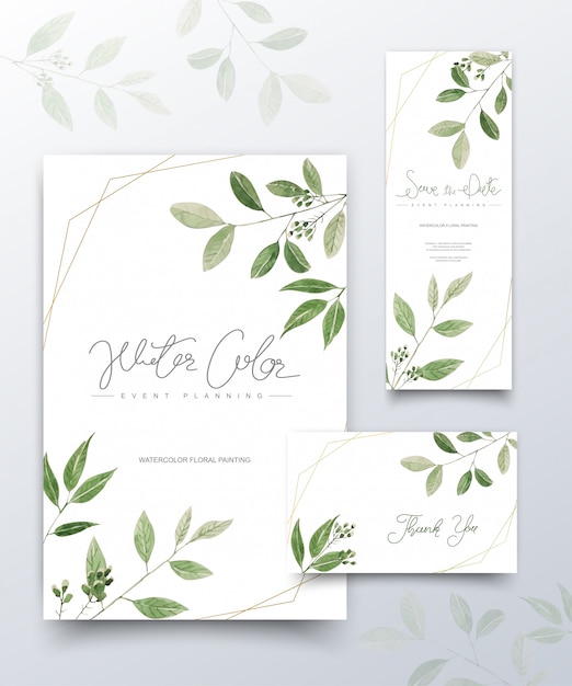 Set of watercolor green leaves cards.