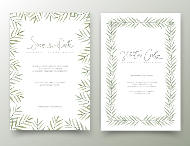 Vector set of watercolor green leaves cards.