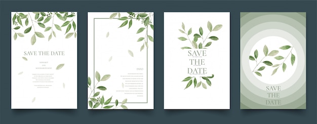 Vector set of watercolor green leaves cards.