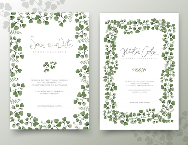 Vector set of watercolor green leaves cards.