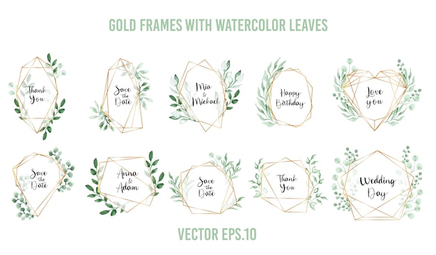 Set of watercolor green leaves frames isolated on white