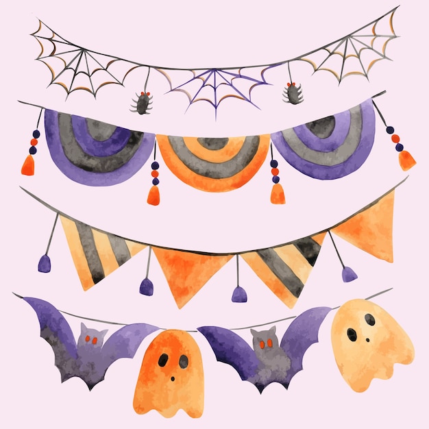 Vector set of watercolor halloween garlands with spider webs and ghosts