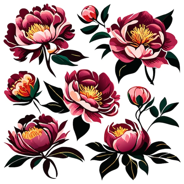 Vector set of watercolor hand drawn peony buds flower