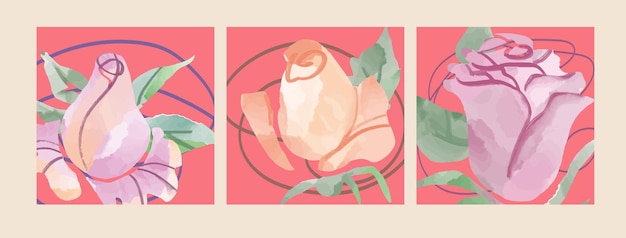 Set Watercolor hand drawn vector rose design