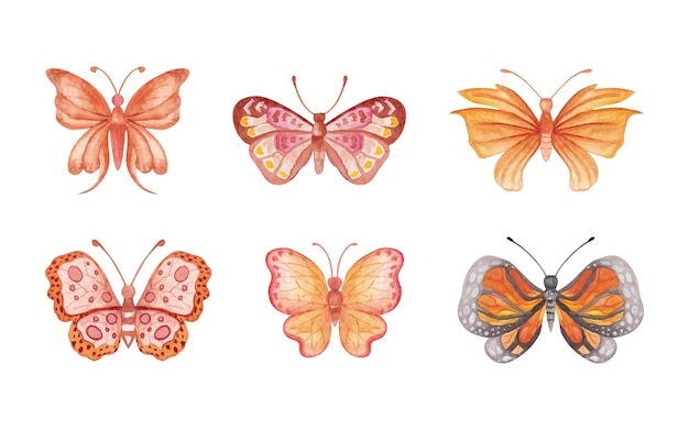 Set of watercolor hand painted colorful butterflies