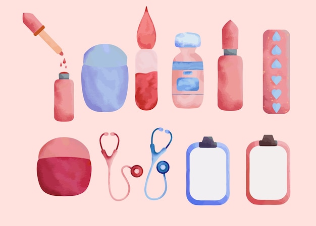 Vector set of watercolor illustration medical tools