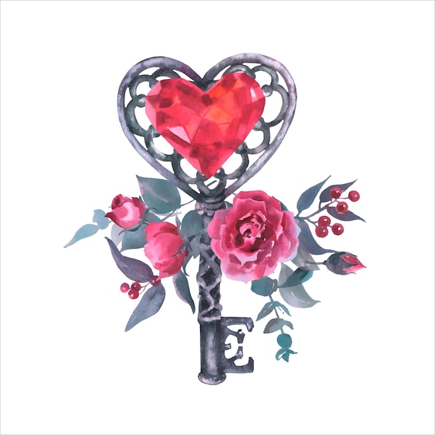 Set watercolor illustration with old vintage key heart shaped, heart diamond crystal and roses.