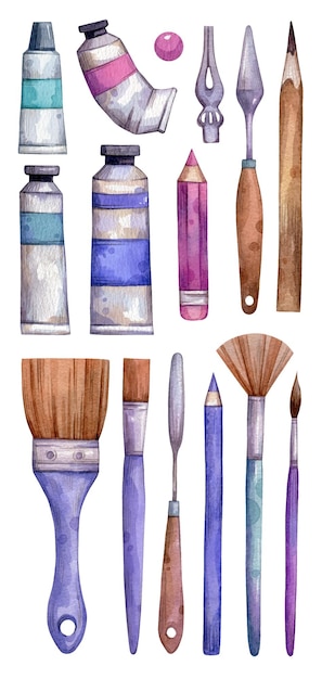 set of watercolor illustrations art supplies isolated on white background vector