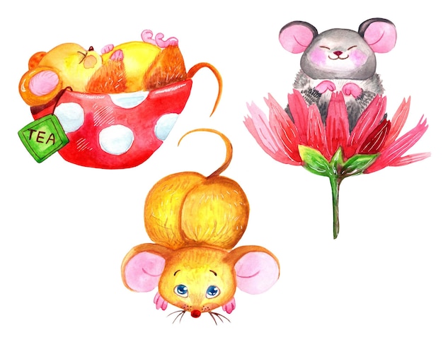 set of watercolor illustrations cartoon mouse clipart