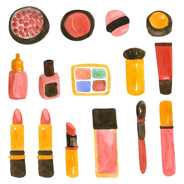 Vector a set of watercolor illustrations decorative cosmetics on a white background selfcare shadows powder mascara lipstick brushes perfume for women