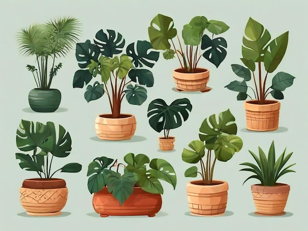 Set of watercolor illustrations of home tropical plants in clay pots Jungle palm leaves fern