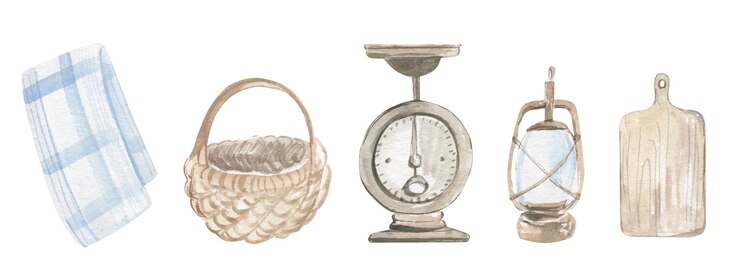 Vector set of watercolor illustrations of kitchen utensils basket scales towel in country style
