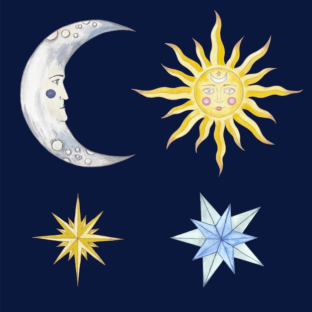 Set of watercolor illustrations of night sky elements