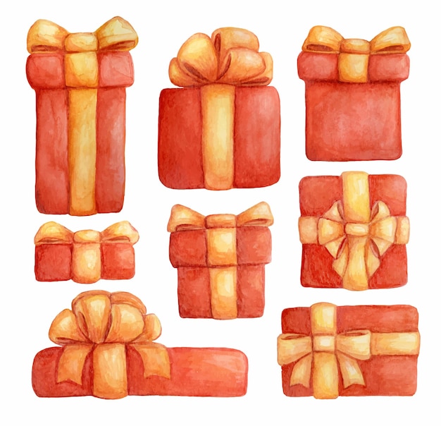 Set of watercolor illustrations of red gift boxes. Christmas box with a yellow and gold bow.