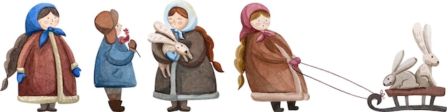 A set of watercolor illustrations with children for winter and New Year compositions.