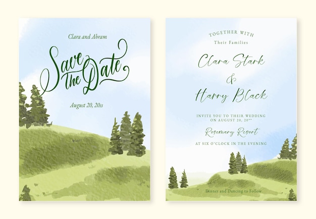 set watercolor invitation wedding landscape design