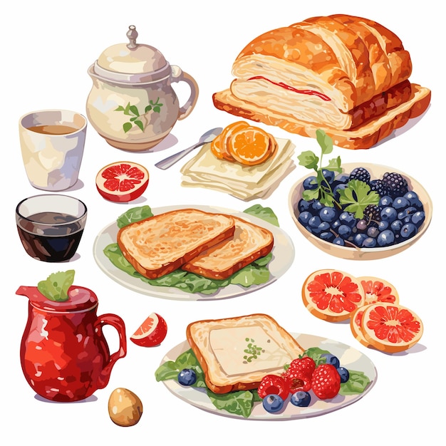 set watercolor items breakfast