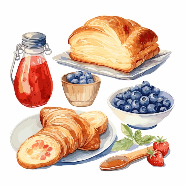 set watercolor items breakfast