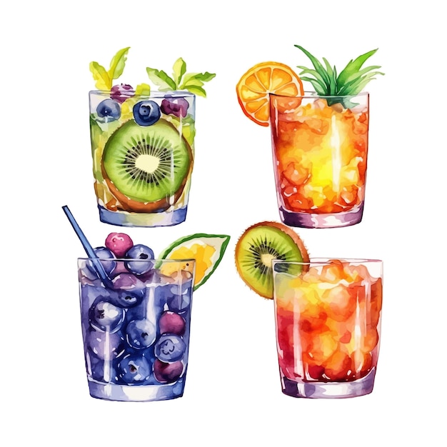 Set of watercolor kiwi, pineapple, orange and blueberry cocktails with slice of fruits