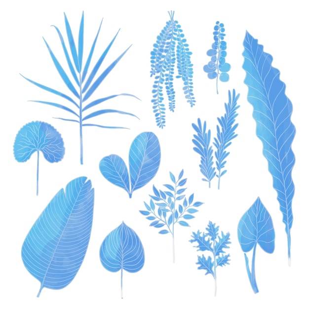 Vector set of watercolor leaf blue leaves clipart