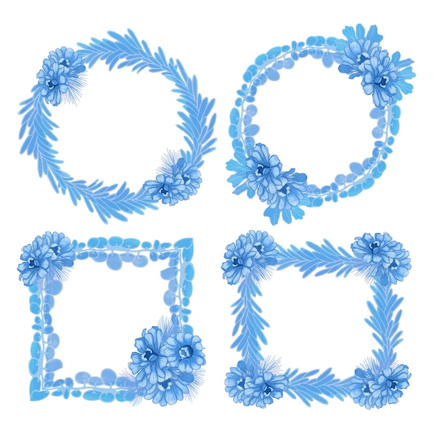 Set di clipart di foglie blu cornice fiore e foglia acquerello