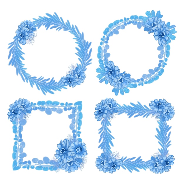 Set of watercolor leaf and flower frame blue leaves clipart