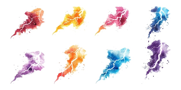 Set of watercolor lightning bolts on white background