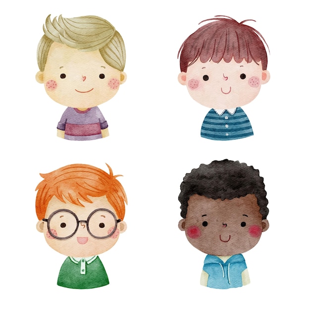 Set of watercolor little boy faces avatars kid heads different nationality set 2