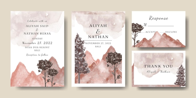 Vector set of watercolor mountain trees wedding invitation card template