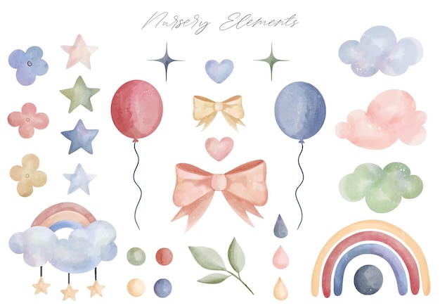 Set of watercolor nursery elements Rainbow clouds heart ballons Fantasy pastel color Vector clip art