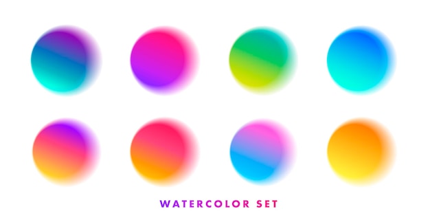 Vector set of watercolor paint half transparent brush samples of color circles of all color gradients