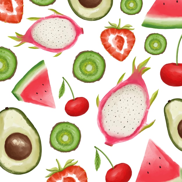 Set of watercolor painted fruits. Strawberry, Watermelon, Cherry, Avocado, Dragon fruit, Kiwi. Hand drawn isolated on white background.